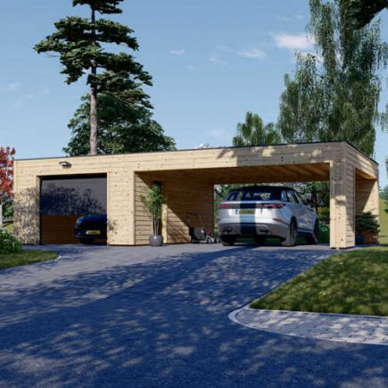 Dřevěná garáž SILVIA F (44 mm + obklad), 4x6 m, s dvojitým přístřeškem pro auto 6x6 m