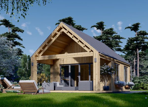 Moderní dřevěná chata AGATA 45m² (9x5) 66mm + izolace do stěn a podlahy