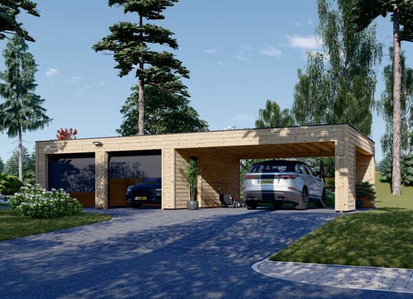 Dřevěná dvojgaráž SILVIA F (44 mm + obklad), 6x6 m, s dvojitým přístřeškem pro auto 6x6 m