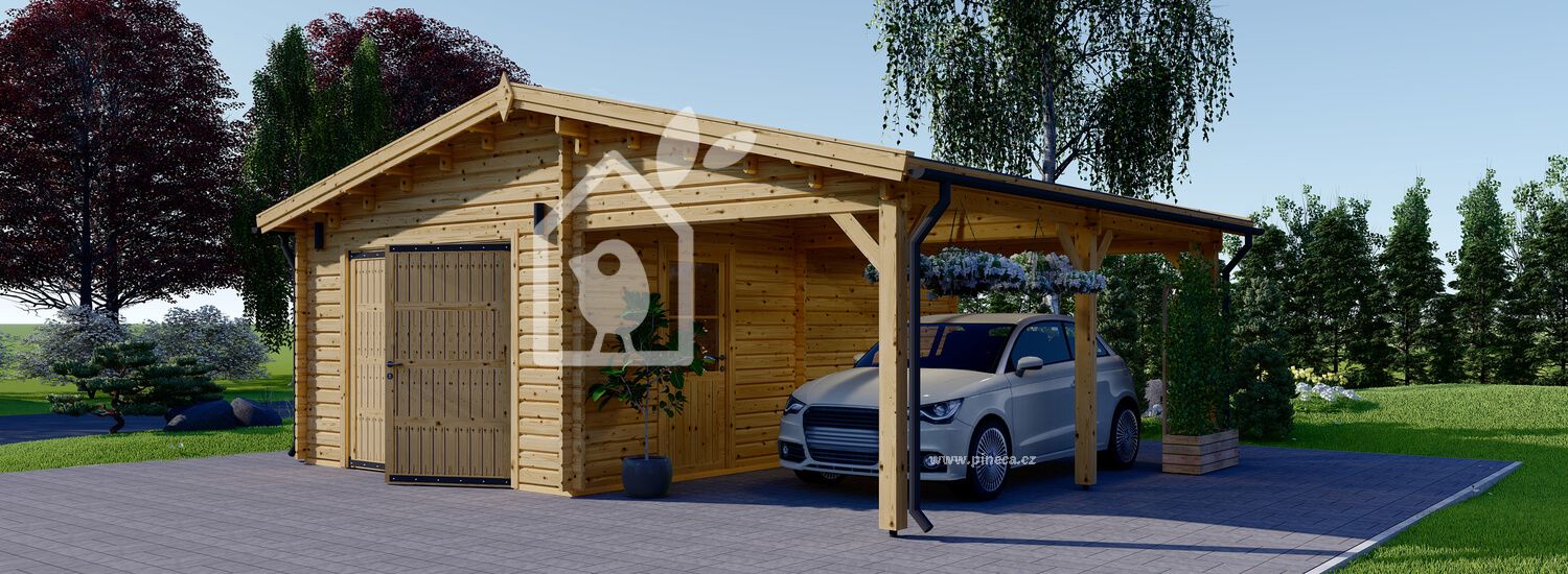 Dřevěná garáž MULTI 4x5,9 + přístřešek 3x5,9 44mm, 40m²