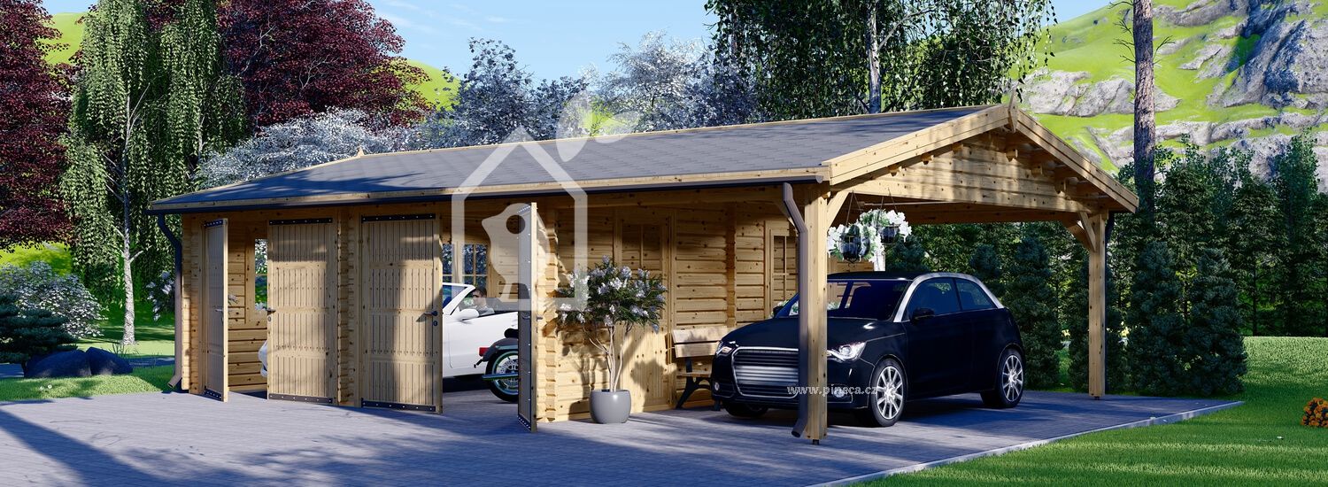 Dvojitá dřevěná garáž MULTI 6x6 + přístřešek pro auto 3x6 44mm, 54 m²